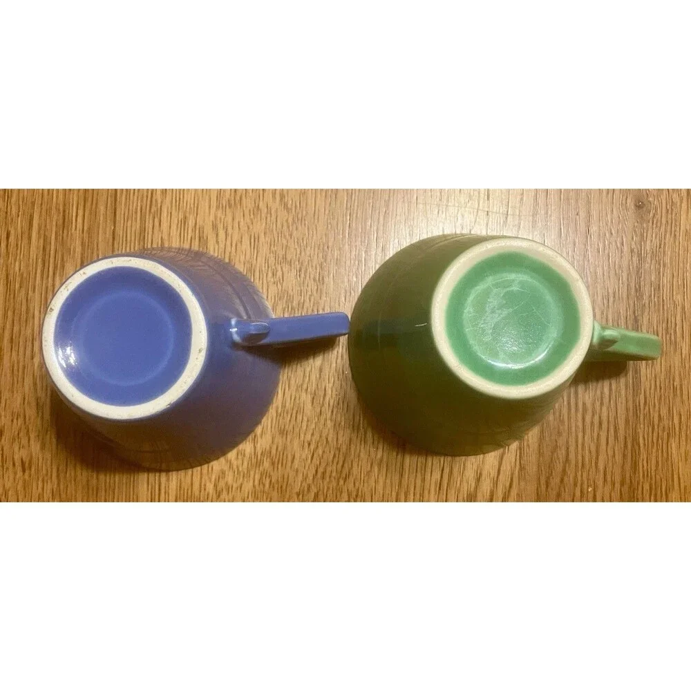 2 Vintage Homer Laughlin Harlequin Tea Coffee Cups Blue & Medium Green